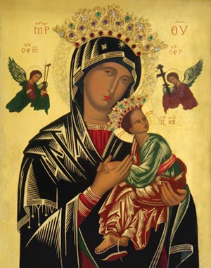 ID: the Icon of Our Lady of Perpetual Help, showing the instruments of the cross counter the infant Jesus clinging to his mother.