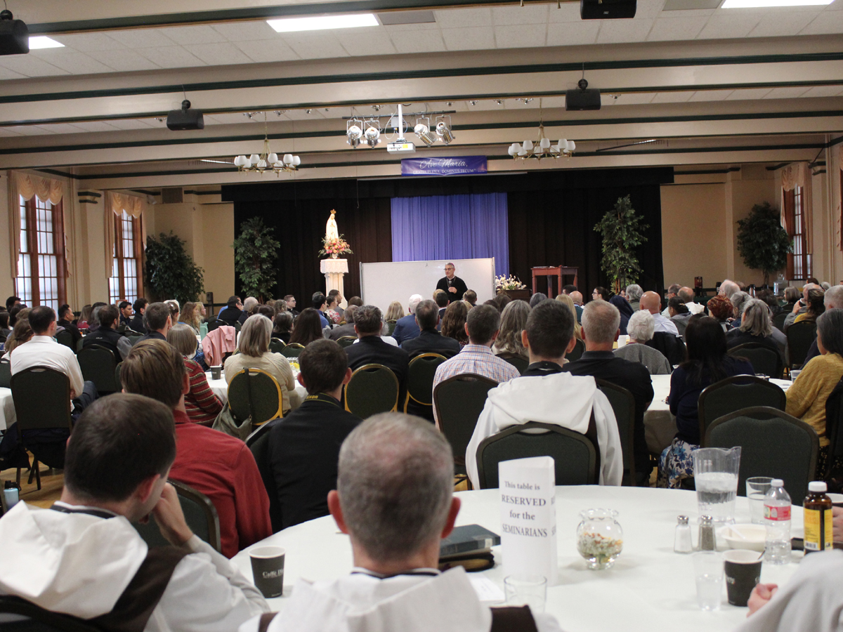 Wide view of the lecture hall during the Bishop's talk