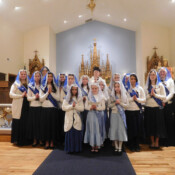 Fr. Benedict Hughes, Sr. Mary Imelda and Sr. Mary Genevieve pose with Sodalists at Mary Immaculate Queen (Rathdrum, Idaho) after their reception ceremony.