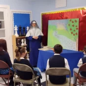 Sr. Mary Teresita gives an introductory class on the first day of school to students at St. Theresa’s in Oakland, Maine.
