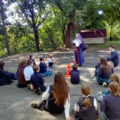 It almost looks like Mount St. Michael, but no! It’s Sr. Mary Angela teaching a new game to students at Holy Rosary School in Middleville.