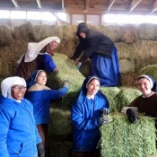 Postulants and novices pose for a photo while loading in hay for the winter.